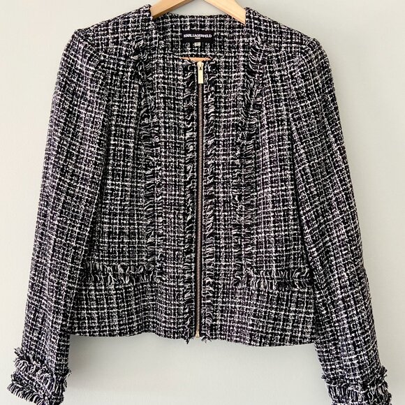 KARL LAGERFELD Black and White Boucle Jacket - Size 6 - Picture 1 of 5